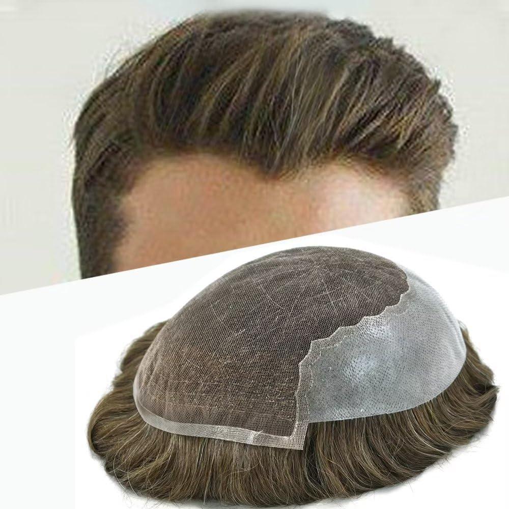 SINGA HAIR Mens Toupee Human Hair System Replacement Transparent French Lace Toupee for Men Hairpieces Very Light Brown Men's Hair Piece Unit 7''X9'' #7 120% Medium Light to Medium Density