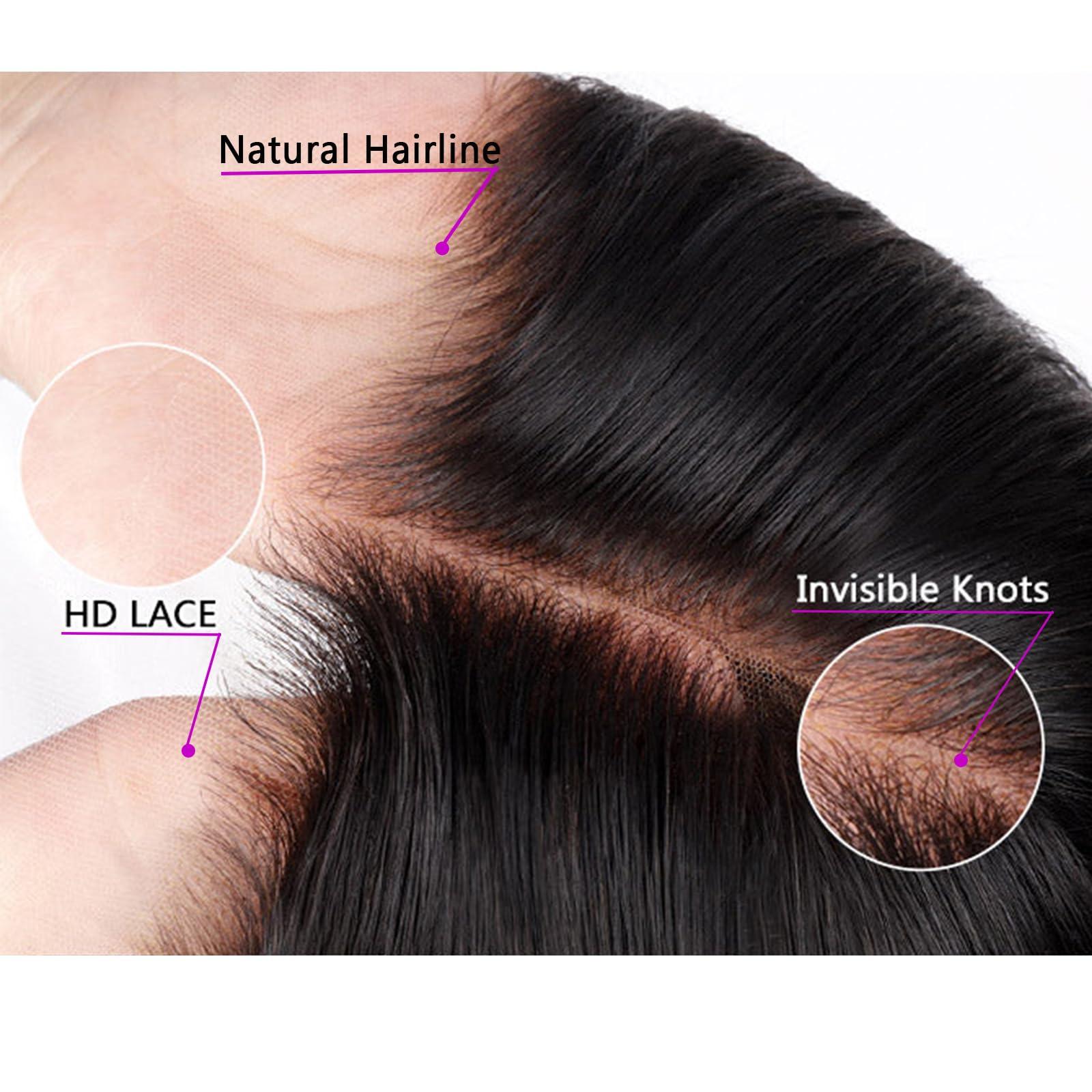 Modernfairy Hair 360 SKINLKE Real HD Lace Frontal Closure Only,Pre-Plucked Single Knots Natural Hairline Bleached Knots Straight Virgin Human Hair Invisible Lace Closure 18 Inch