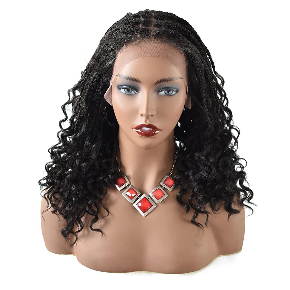 LYRICAL HAIR LYRICAL HAIR Twist Box Braids Women Wigs with Baby Hair 12.5"X4.75" Hand-Tied Swiss Lace Front Cornrow Braided Lightweight Glueless Wig Synthetic 18" Wavy Hair (#1B Black)