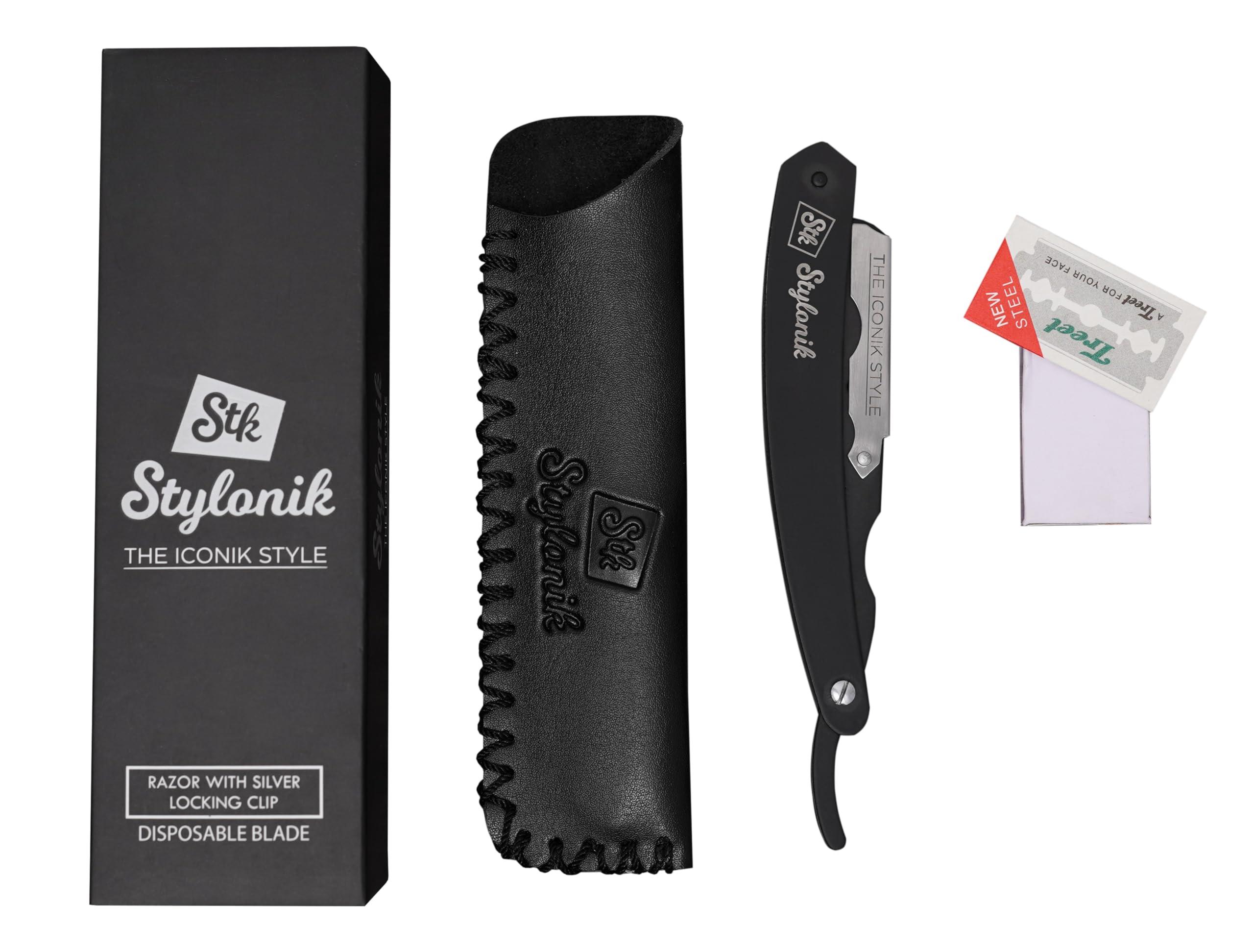 Stylonik Stylonik Professional Straight Edge Barber Razor 60 Single/30 Double-Sided Stainless Steel Blades for Men & Women, with Leather Case (Silver)