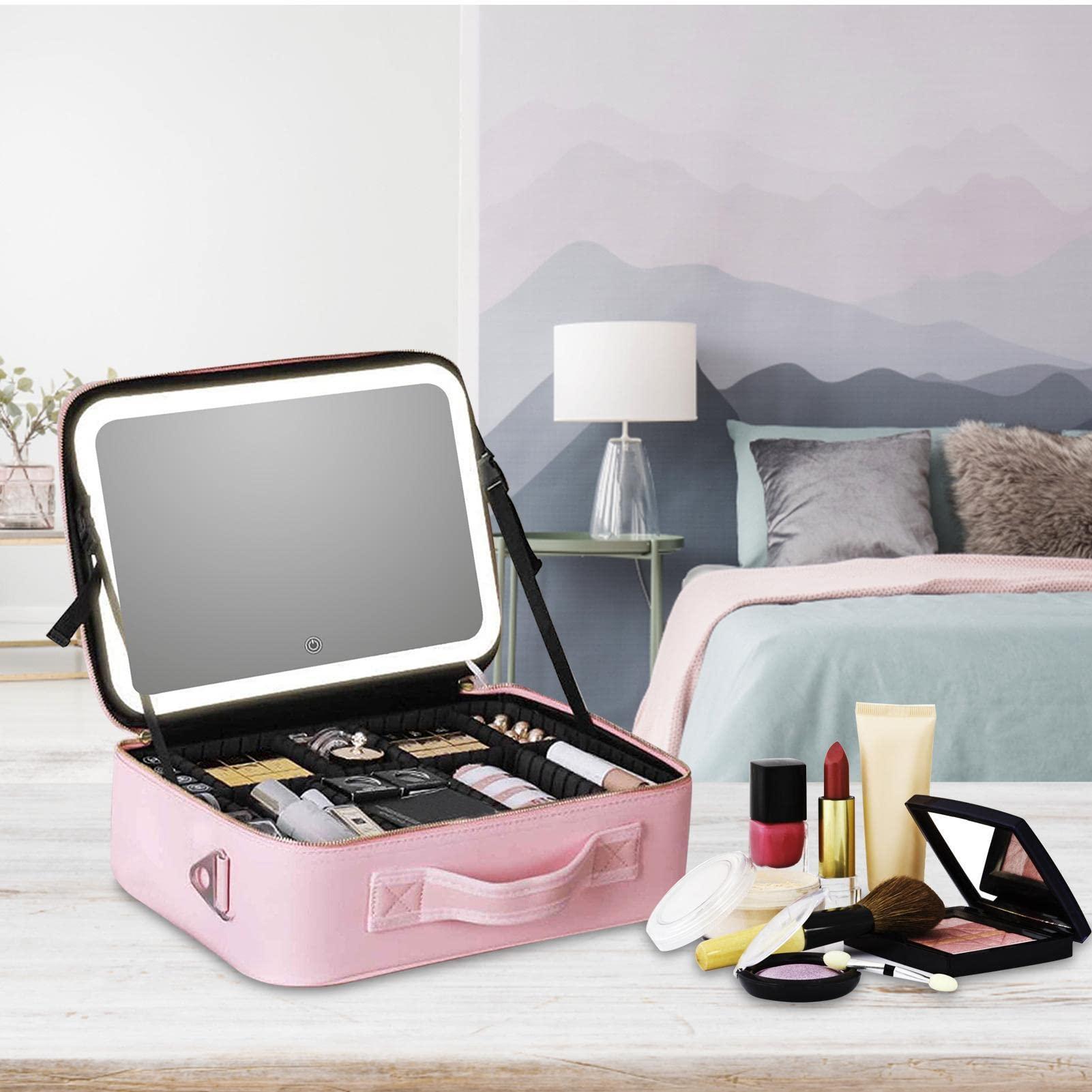 Generic Large Capacity PU Leather Professional Makeup Bag Travel Cosmetic Bag with Mirror and Lights, Waterproof Portable Makeup Organizer Make up Bag with Compartment for Travel Traveling Toiletry Bag