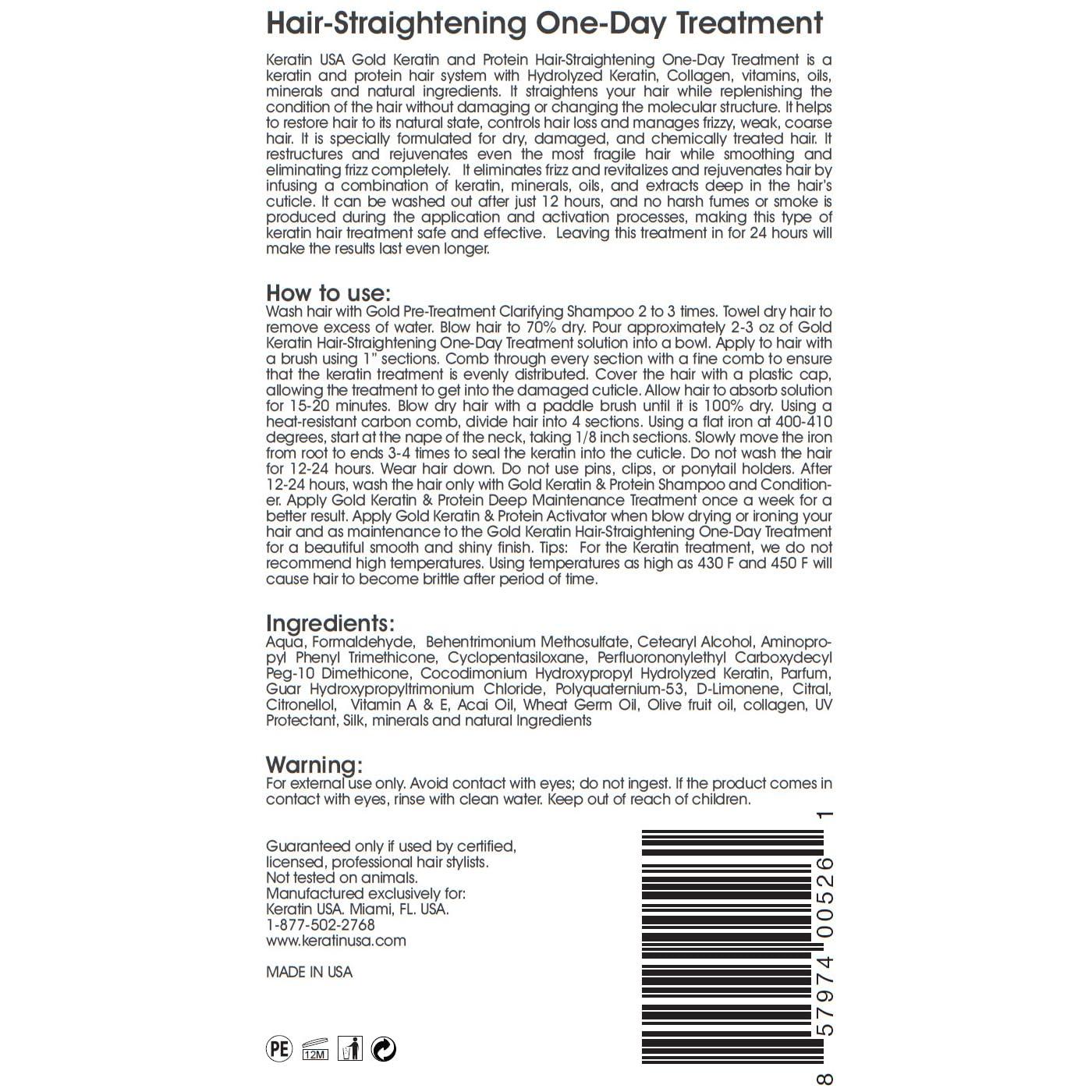 KERATIN USA HAIR STRAIGHTENING PRODUCTS Gold Keratin Hair Straightening Duo: One-Day Treatment 16oz and FREE Activator 8oz