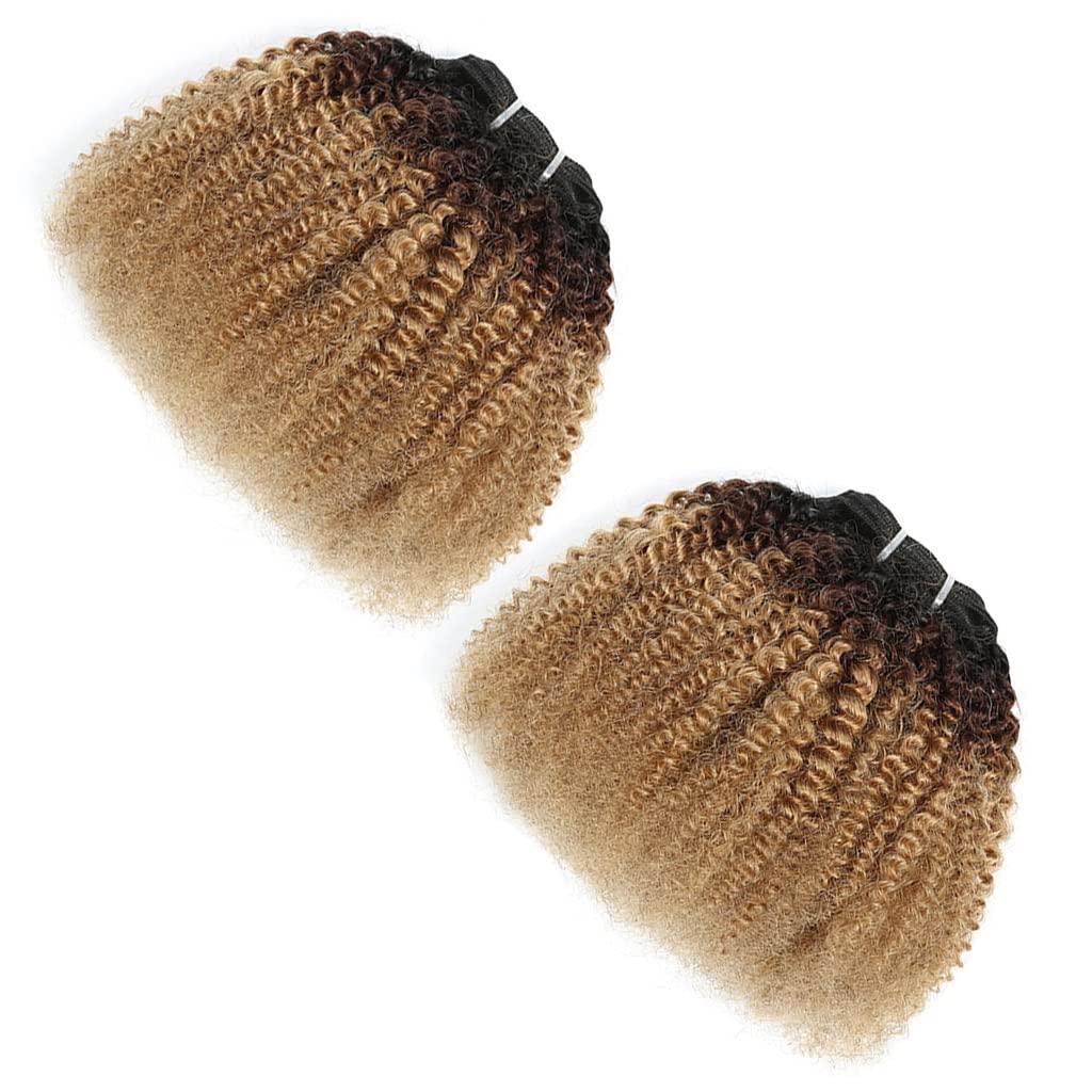 GREEMEO Kinky Curly Human Hair Weave 2 Bundles 12 14 Inch Short Curly Weave Black and Brown and Blonde Ombre 3 Tone Colored Hair Extensions Double Machine Wefted Weaving