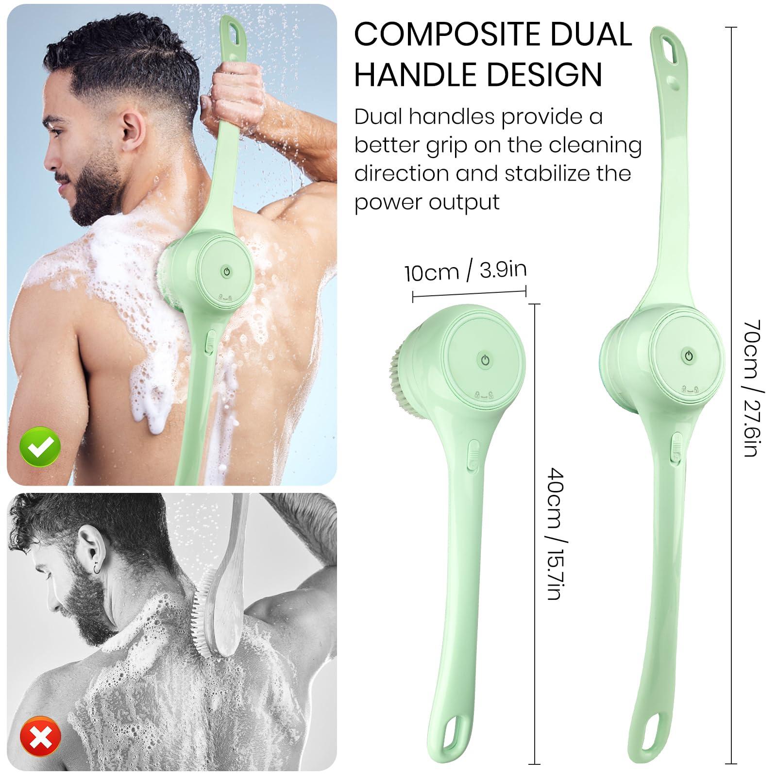 Keweis Electric Body Brush Back Scrubber for Shower, Auto Spinning Exfoliating Massage Bath Brush Rechargeable, Dual Long Handle, Deep Cleansing, Waterproof, Rotating Body Brushes with 5 Brush Heads