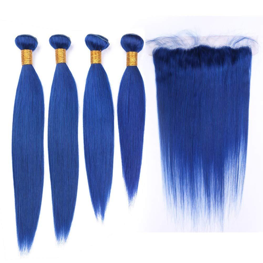 Tony beauty hair Tony Beauty Hair Dark Blue Human Hair 4 Bundles Deals with Frontal Lace Closure Peruvian Straight Weaves Blue Color Virgin Hair Extensions with Full Lace Closure 13x4" Ear to Ear (24 26 28 30 with 22)