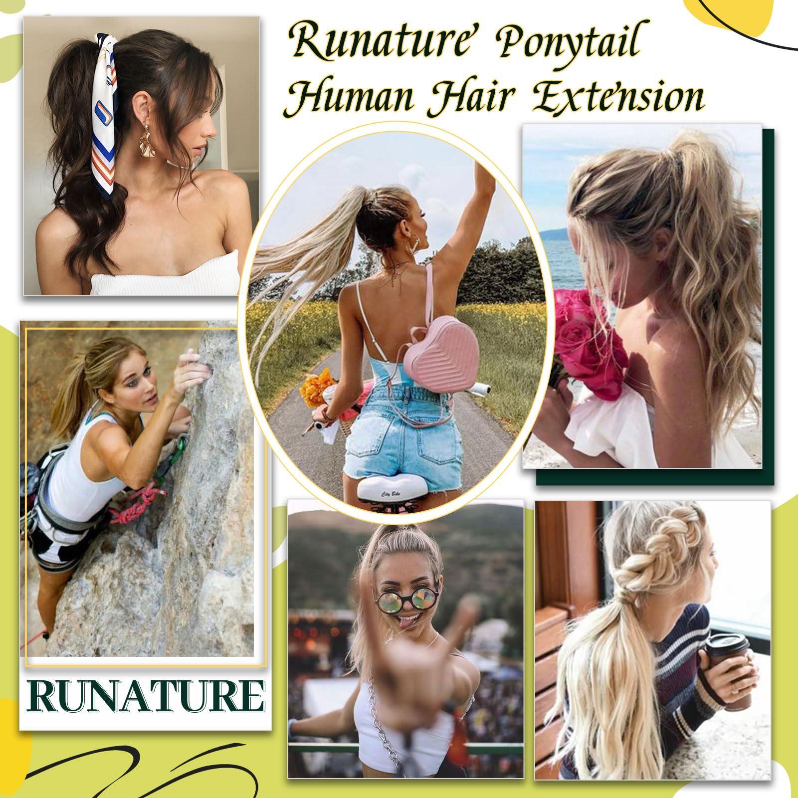 RUNATURE RUNATURE Human Hair Ponytail Extension 18 Inch Ash Blonde with Platinum Blonde Ponytail Extension Human Hair with Magic Paste Full Ends Long Real Hair Ponytail Extensions Wrap Around Thick 80g
