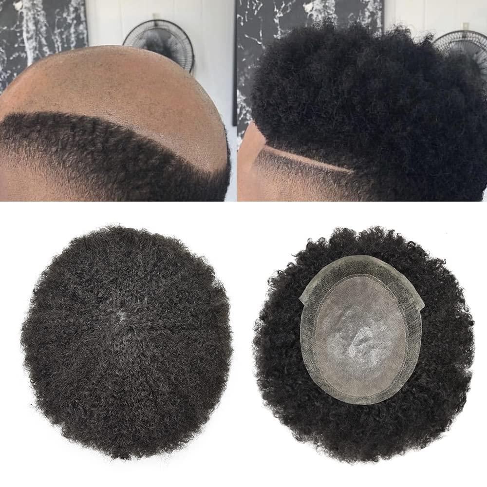 CURVE HAIR Afro Kinky Curly Hair Units For Black Men Toupee Soft Brazilian Human Hair Unit For Men Afro Wave Hair Replacement Systems Natural Looking Afro Toupee For Men (6mm wave, 1B OFF BLACK)
