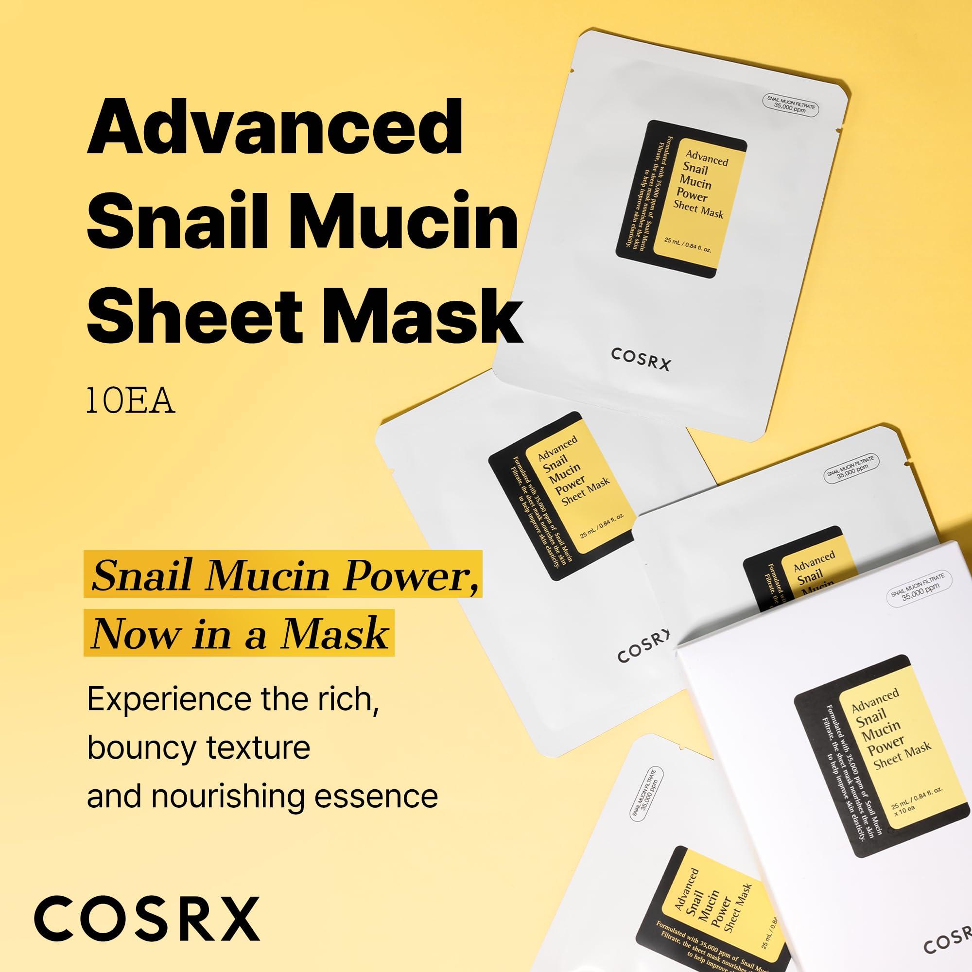 COSRX COSRX Snail Mucin Sheet Mask 10 EA with Snail Mucin Serum, Self Care, Face Masks for Dry, Sensitive Skin, Not Tested on Animals, No Parabens, No Sulfates, Korean Skin Care