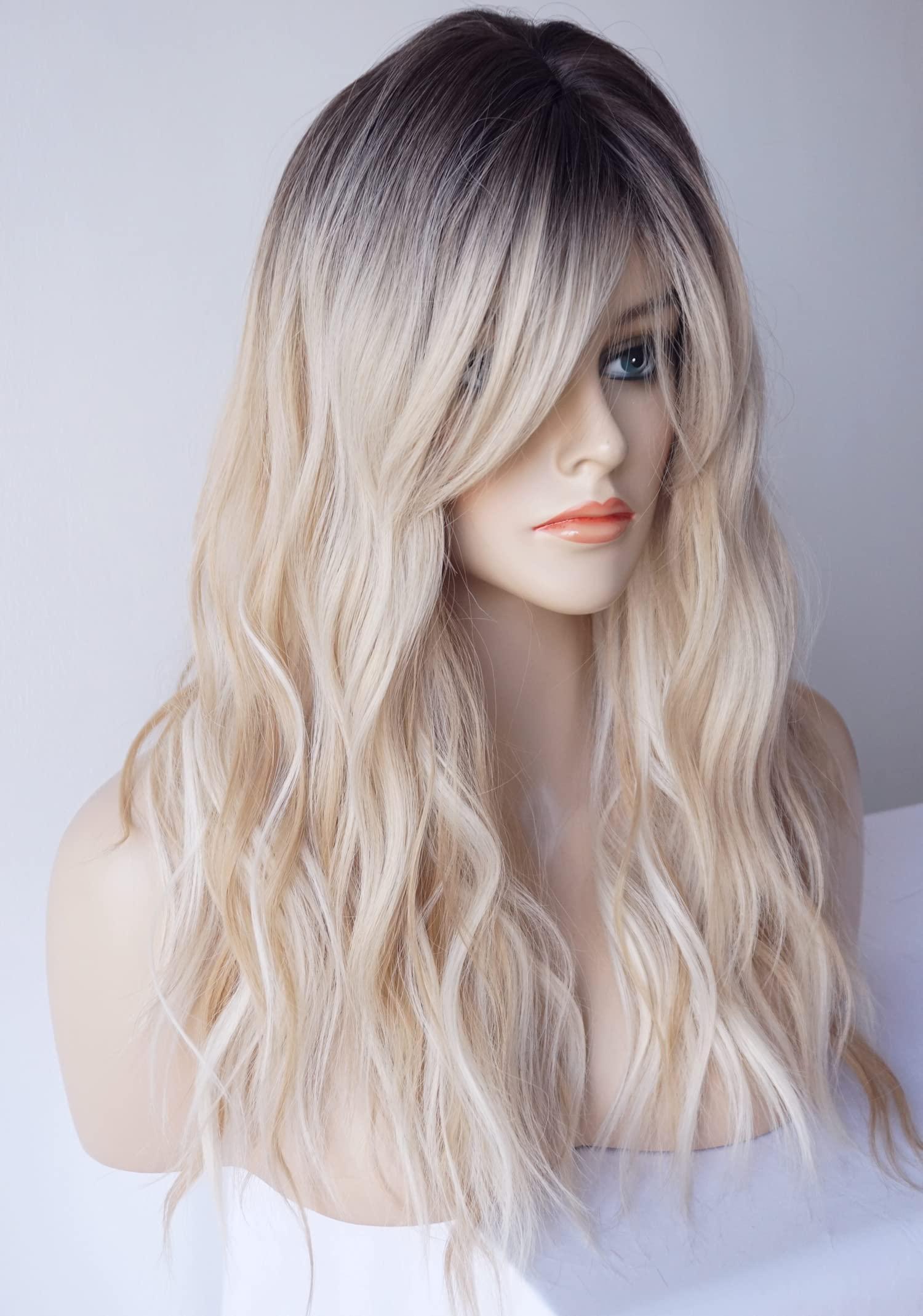 wigbuy Long Blonde Wig for Women Wolf Tail cut wig Synthetic Hair Blonde Ombre with white Highlight Wigs for White Women (Blonde Highlight)