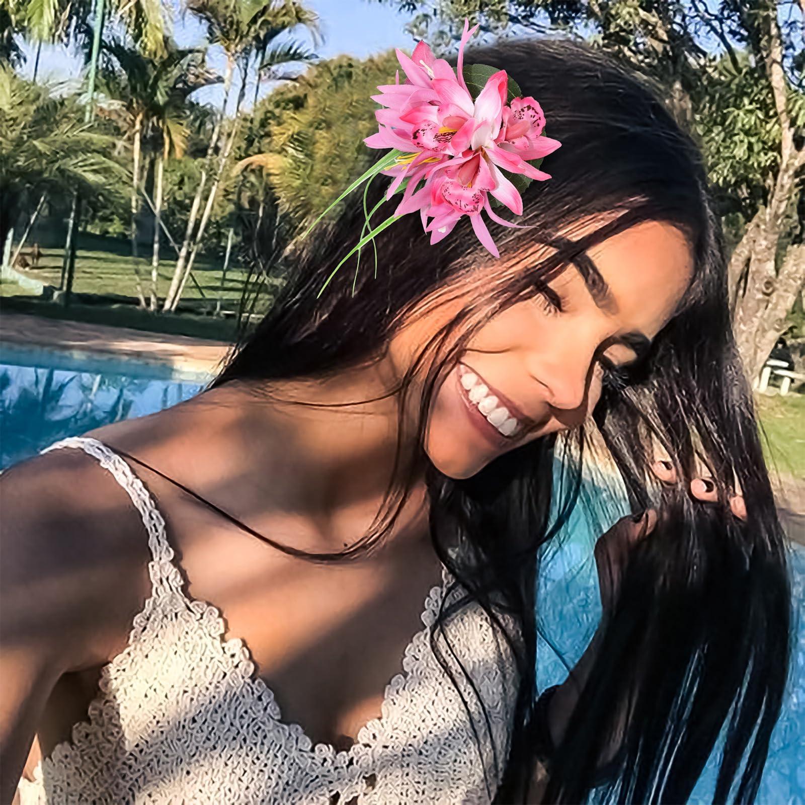 HAIMEIKANG HAIMEIKANG Hawaiian Flower Hair Clip - 3 Pieces Artificial Tropical Flower Hair Pins for Women in Blue, Rose Red, Pink - Hair Accessories for Wedding, Party, Daily Use