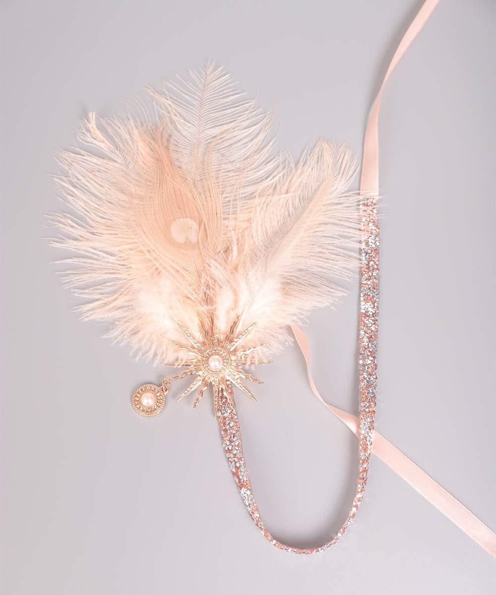 Aimimier Aimimier 1920s Flapper Feather Headband Champagne Feather Headpiece with Rhinestone Head Chain Hair Accessories for Women