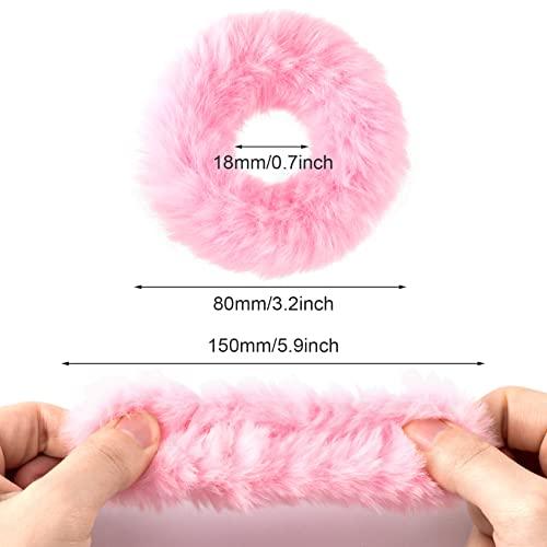 OIIKI OIIKI Pink Fuzzy Hair Scrunchies, 14pcs Furry Hair Scrunchies Furry Hair Bands with Faux Rabbit Fur, Elastic Hair Tie Ponytail Holders for Girls Women Hair Accessories