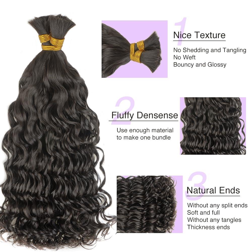 CurlyPark Water Wave Bulk Human Hair for Braiding Double Drawn Natural Color Curly Human Braiding Hair for Boho Braids Bohemian 100grams (20 Inches, Water Wave)