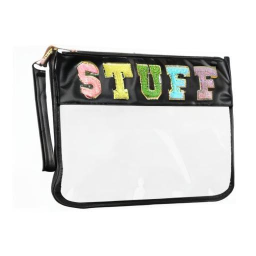 Burskit Burskit Chenille Letter Clear Zipper Pouch for Travel Preppy Stuff Bag Aesthetic Storage Organizer Pouches for Women with Glitter Patch Letters (Black-Stuff)