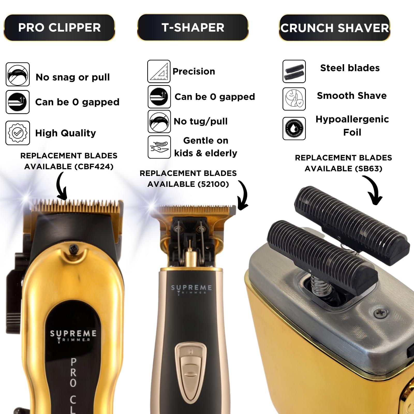 Supreme Trimmer Supreme Trimmer 3-in-1 Barber Bundle | Pro Clipper, T-Shaper Trimmer & Crunch Foil Shaver | Professional Beard Trimmer Mens Hair Clipper Kit | Gold