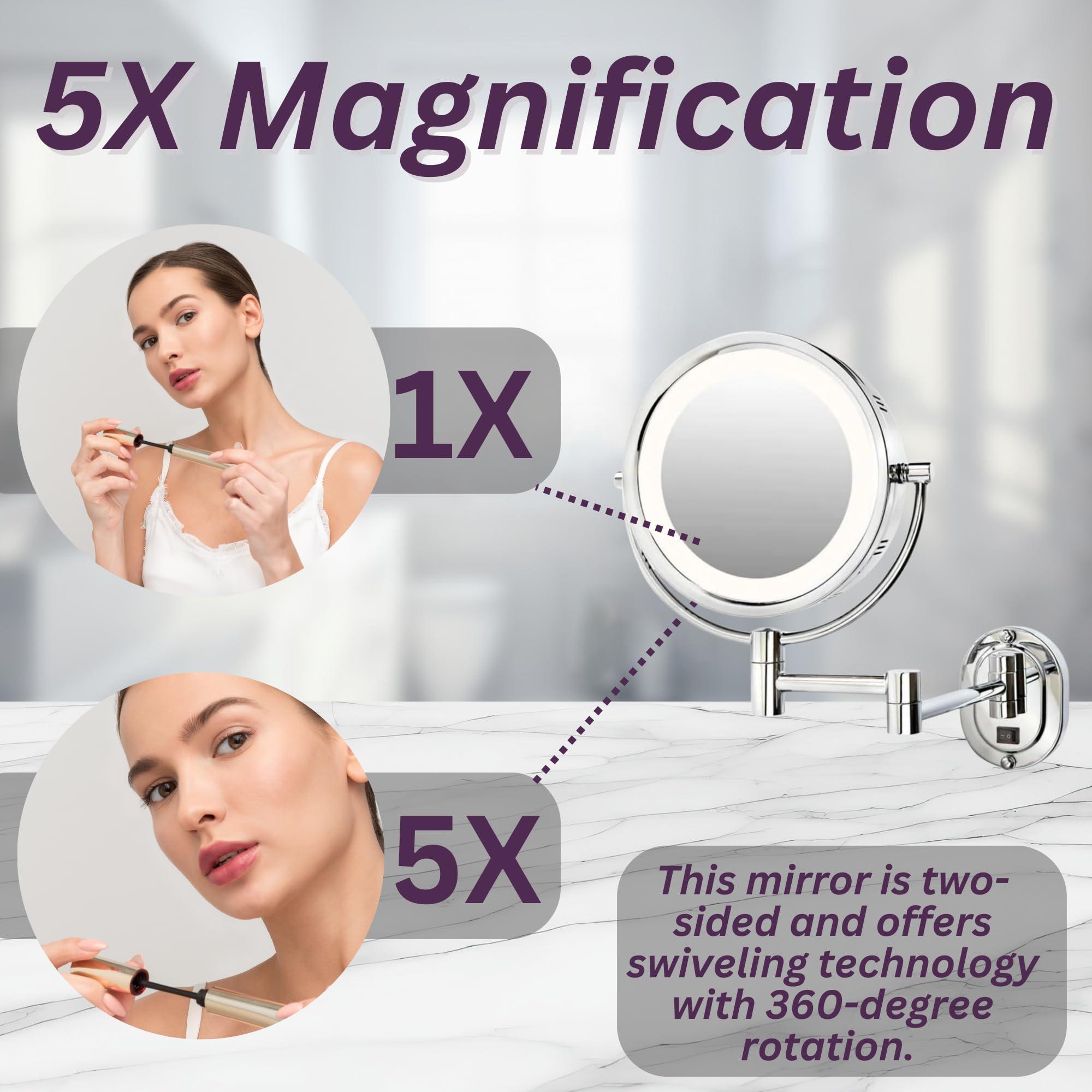 Jerdon JERDON Wall-Mounted Chrome Makeup Mirror with LED Lighting  5X-1X Magnification & 14 Extension - Direct Wire - Model HL65CD