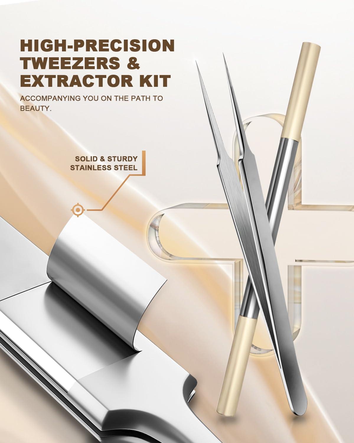 SG Nekoo SGNEKOO Professional Facial Milia Removal Tool and Whitehead Extractor,Titanium Alloy Double Ended Needle and Steel Tweezers Kit,Blackhead,Blemish,Zit and Pimple Acne Remover Popper (Titanium Gold)