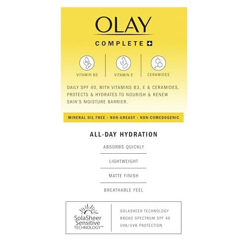 Olay Olay Complete+ Face Moisturizer with Sunscreen SPF 40, For Sensitive Skin, Broad Spectrum Sun Protection, Fragrence-Free - No White Cast on All Tones, Nourishes Moisture Barrier - Ceramides, 6 Oz