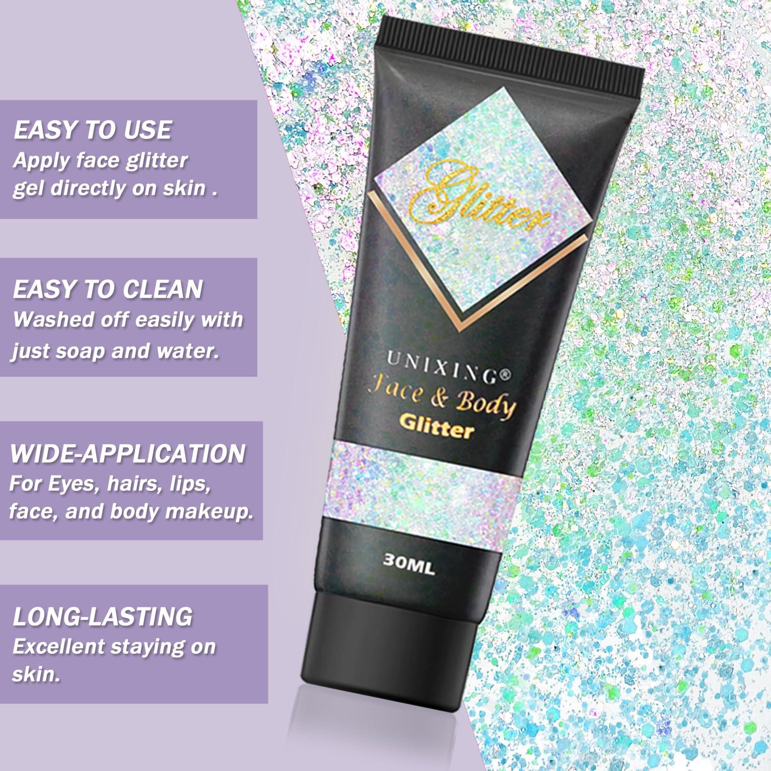 Unixing Body Glitter Gel for Face, Hair, and Makeup - Self-Adhesive Mermaid Sequins Paint - Chunky Glitter for Mardi Gras, Concerts, Music Festivals, Rave