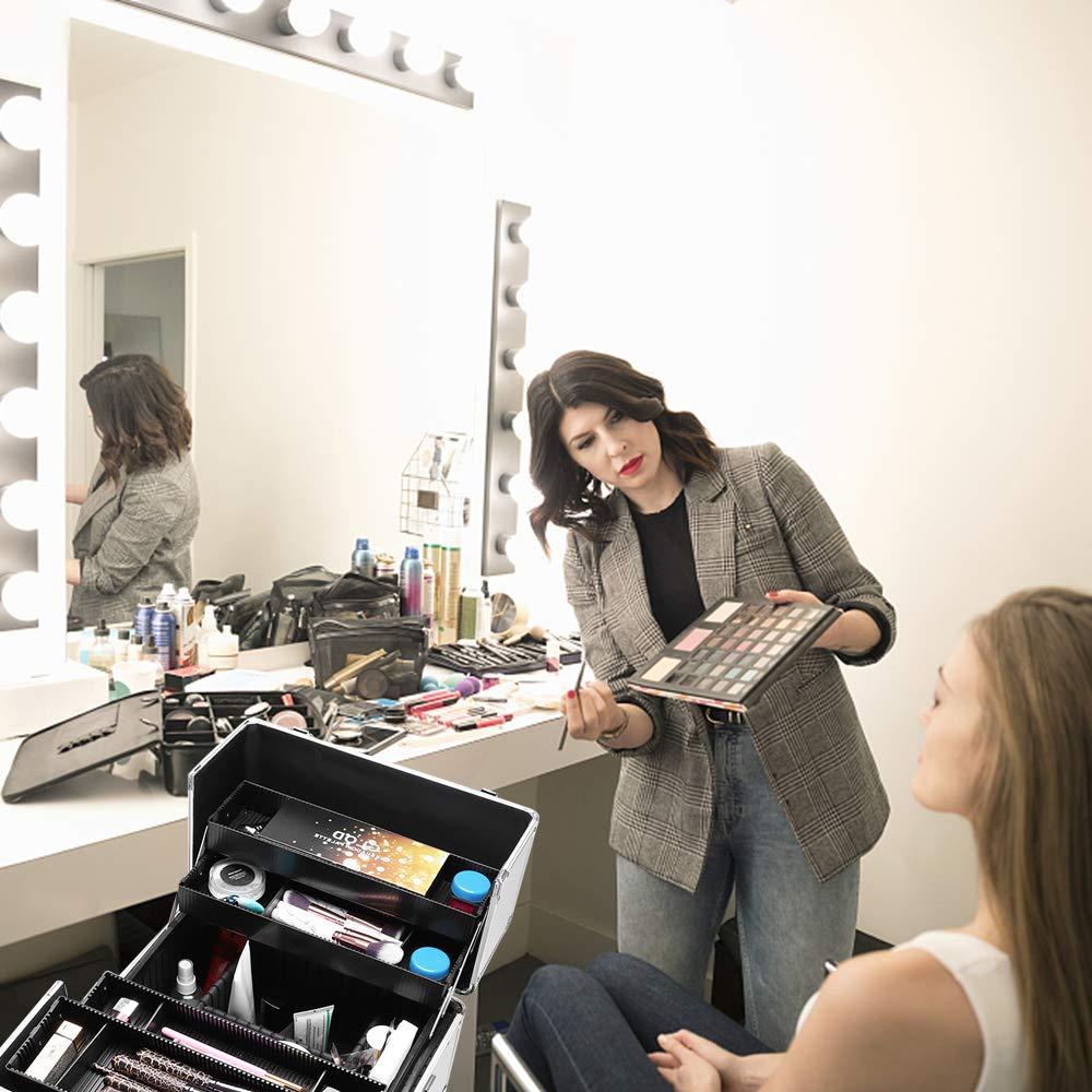 Ochine Ochine 3 in 1 Makeup Case Aluminum Cosmetic Case Rolling Train Case Professional Makeup Train Case Large Capacity Trolley Makeup Travel Case Beauty Storage with Folding Trays and Large Compartments