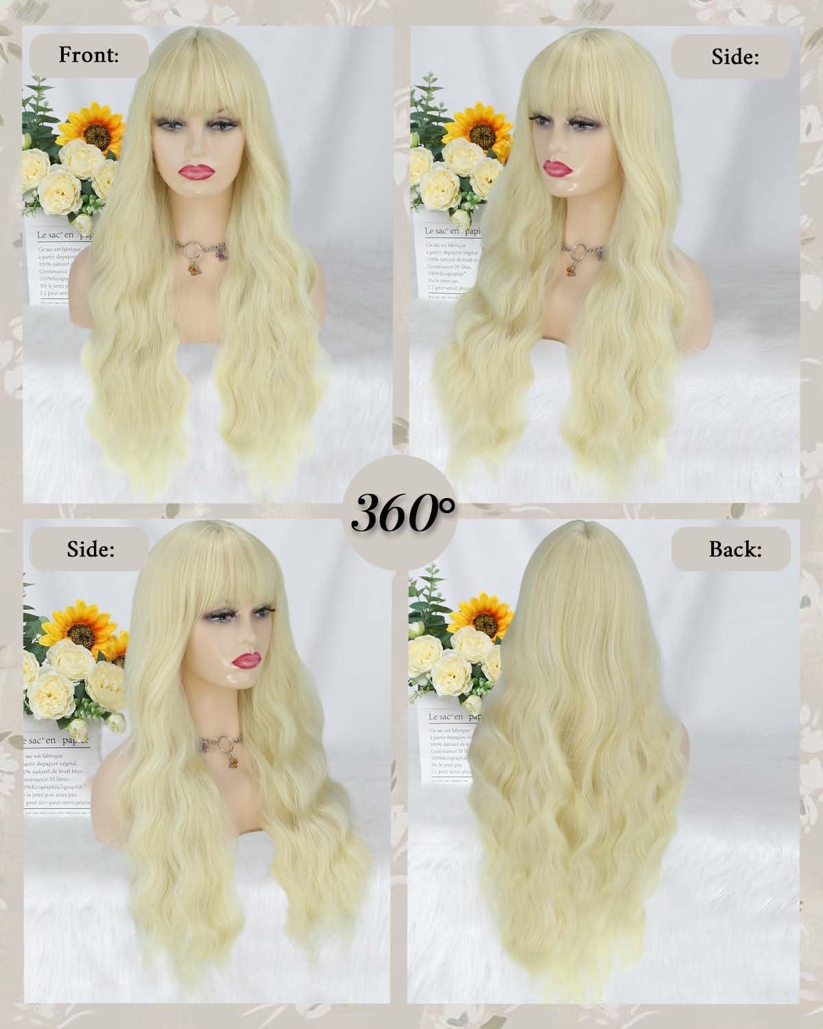 MeaYOO MeaYOO Long Blonde Wavy Wig with Bangs for Women, 26 Inch Long Blonde Curly Wavy Synthetic Wigs, Natural Looking Heat Resistant Wigs for Daily Party Use, Long Blonde Wavy Cosplay Wig, Halloween Wig