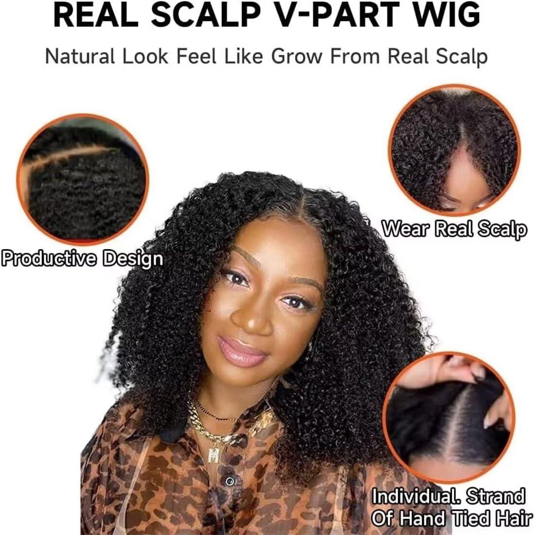 Qunatuma V Part Wig Human Hair No Leave Out Upgrade U Part Wig Human Hair for Women 150% Density Curly V Part Wig Kinky Curly Thin Part V Shape Wig No Glue No Sew Clip In Half Wig Natural Black Color 30 Inch