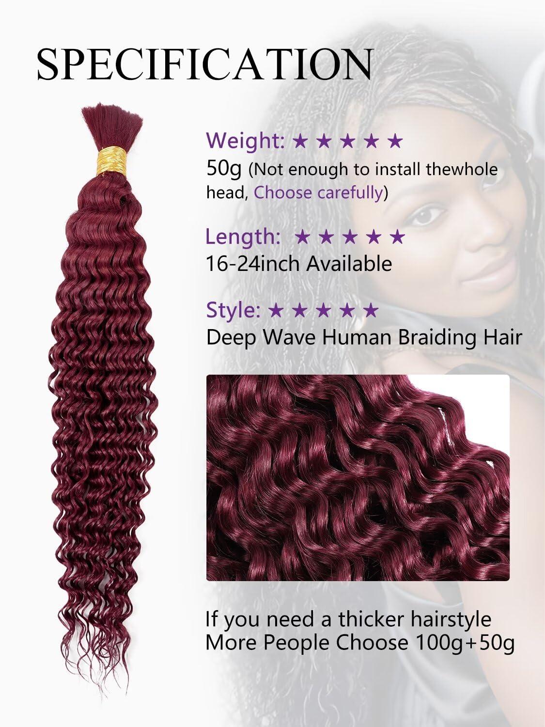 peekaboo Human Braiding Hair 1 Bundle 50g 20 Inch Deep Water Wave Bulk Human Hair for Braiding No Weft 10A Brazilian Virgin Curly Human Hair Extensions for Boho Braids Wet and Wavy Red Burgundy Braiding Hair