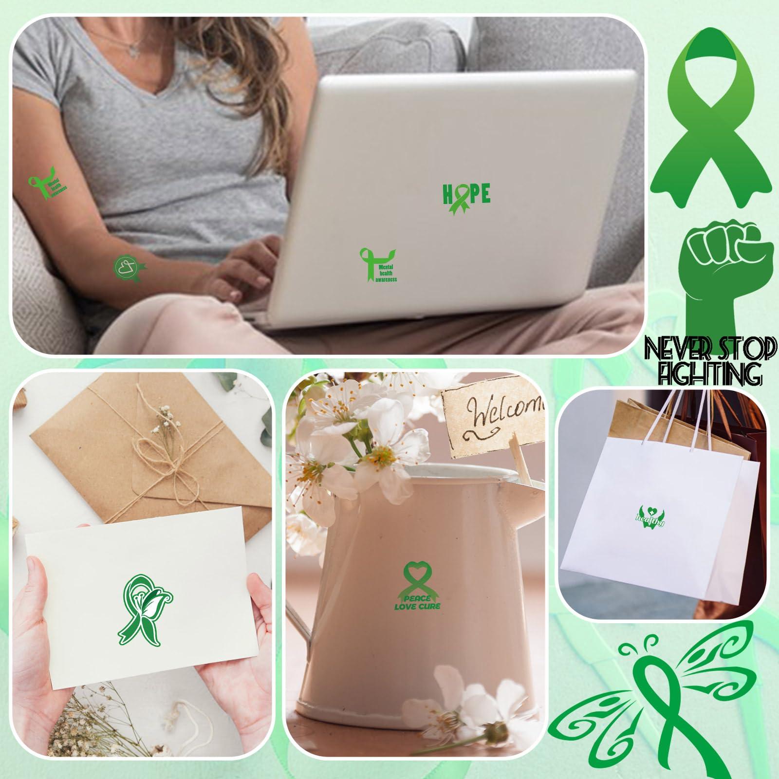 WANDIC WANDIC Green Ribbon Awareness Kit, 100PCS Ribbon Pins 10 Sheets Temporary Tattoo for Mental Health for Public Benefit Activities