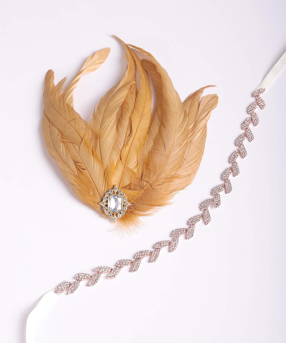 Aimimier Aimimier 1920s Flapper Peacock Feather Headband Crystal Leaf Head Chain Headpiece Prom Party Hair Accessories for Women