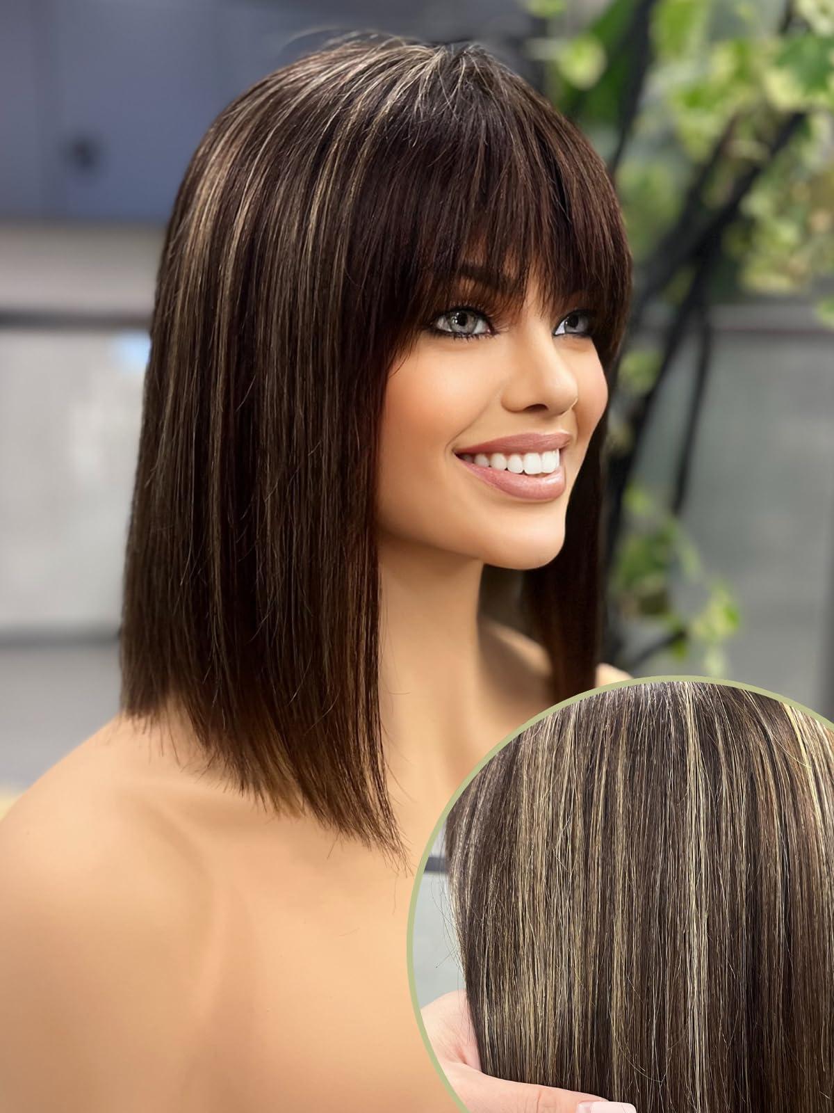 SQPLXK SQPLXK 4/27 Highlight Bob Wig with bangs Human Hair Glueless 2x1 HD Lace Coloured Bob Wig 180 Density Wear and Go Virgin Human Hair Machine Made Bob Wigs for Women 12 Inch