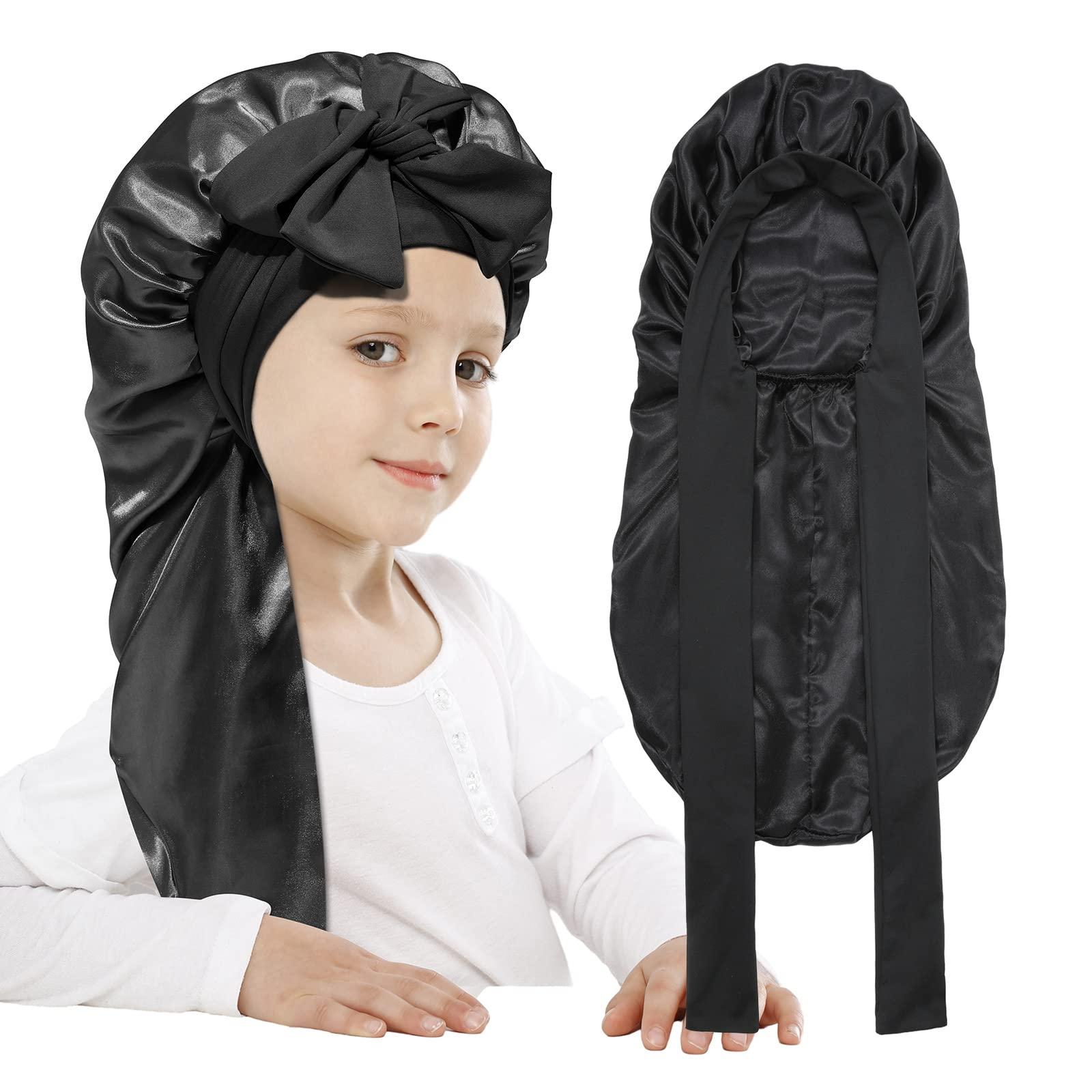 AWAYTR AWAYTR Long Toddler Silk Bonnet for Sleeping Elastic Satin Bonnets for Curly Hair Braid Bonnet Night Cap for Aged 3-12 Kids (Black)