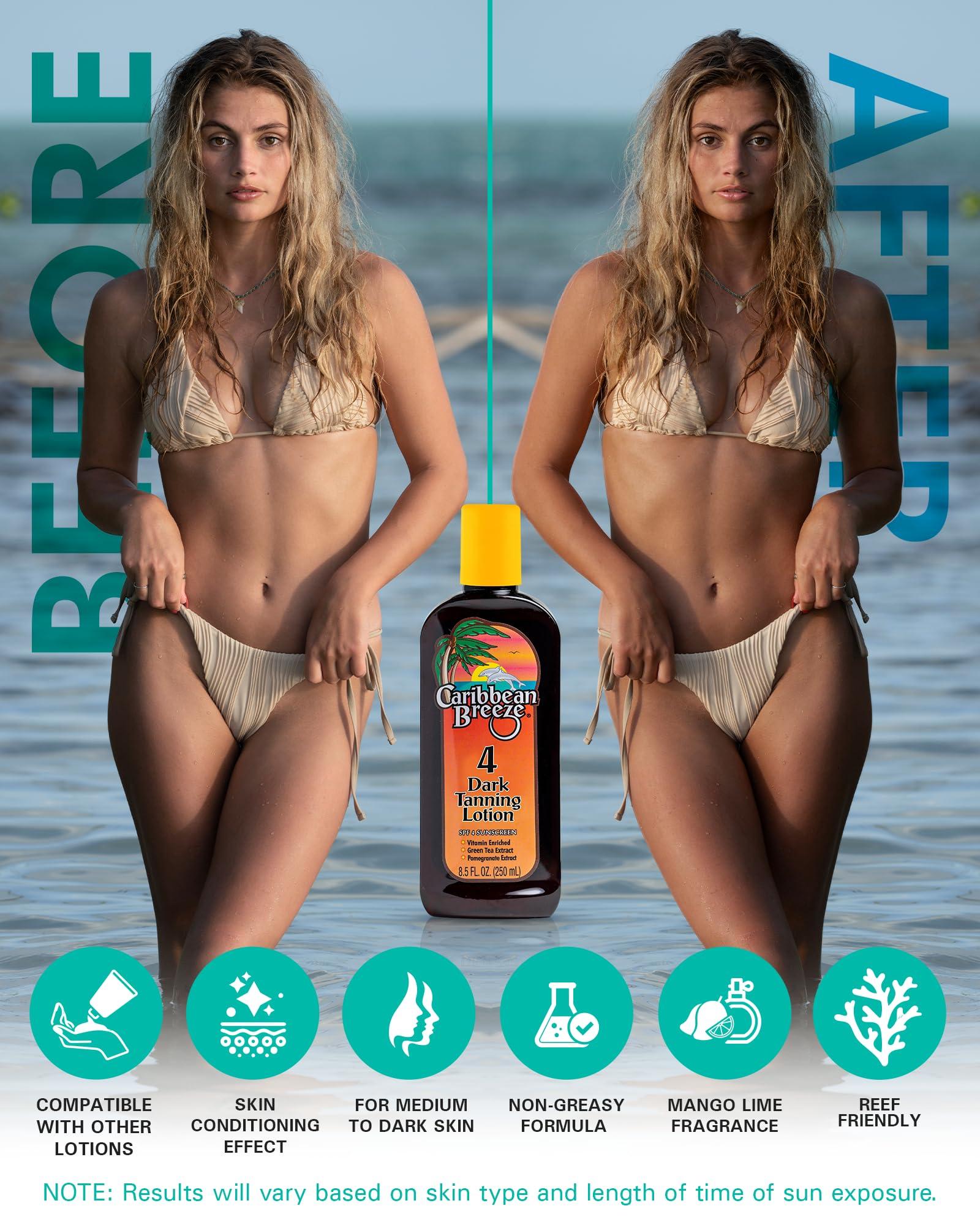 Caribbean Breeze Caribbean Breeze Dark Tanning Lotion for Outdoor Sun, SPF 4 Tanning Accelerator Bronzer with Mango Lime Fragnance, Rich in Anti Oxidants, Natural Green Tea and Pomegranate Extracts, 8.5 oz (250 ml)
