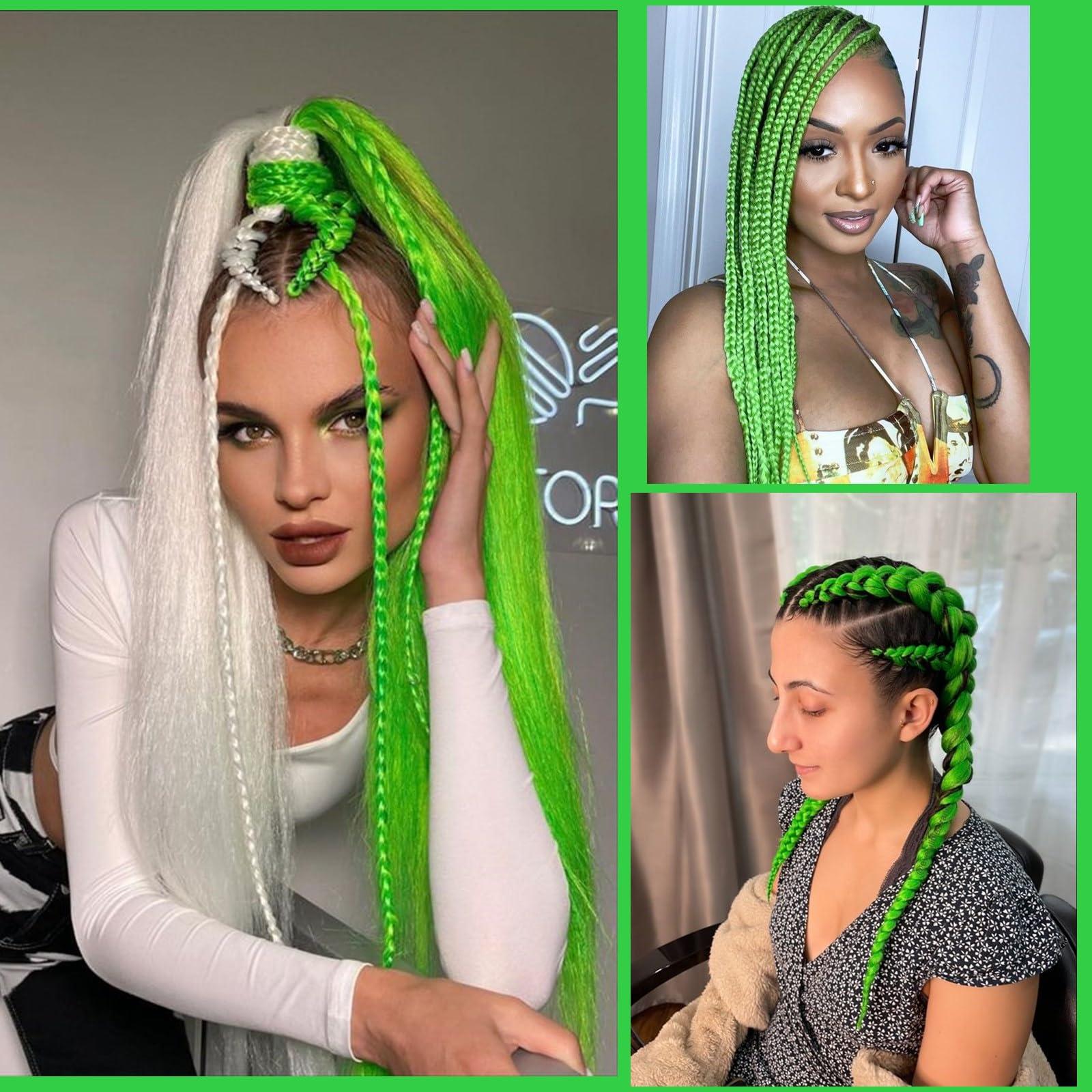 FAYETA Neon Green Braiding Hair Pre Strethched Silky Braid Hair Extensions, 100% Kanekalon Synthetic Itch Free Hair for Braiding Crochet Twist Hair Braid Extensions Yaki Texture(28\'\'-3packs, neon green)