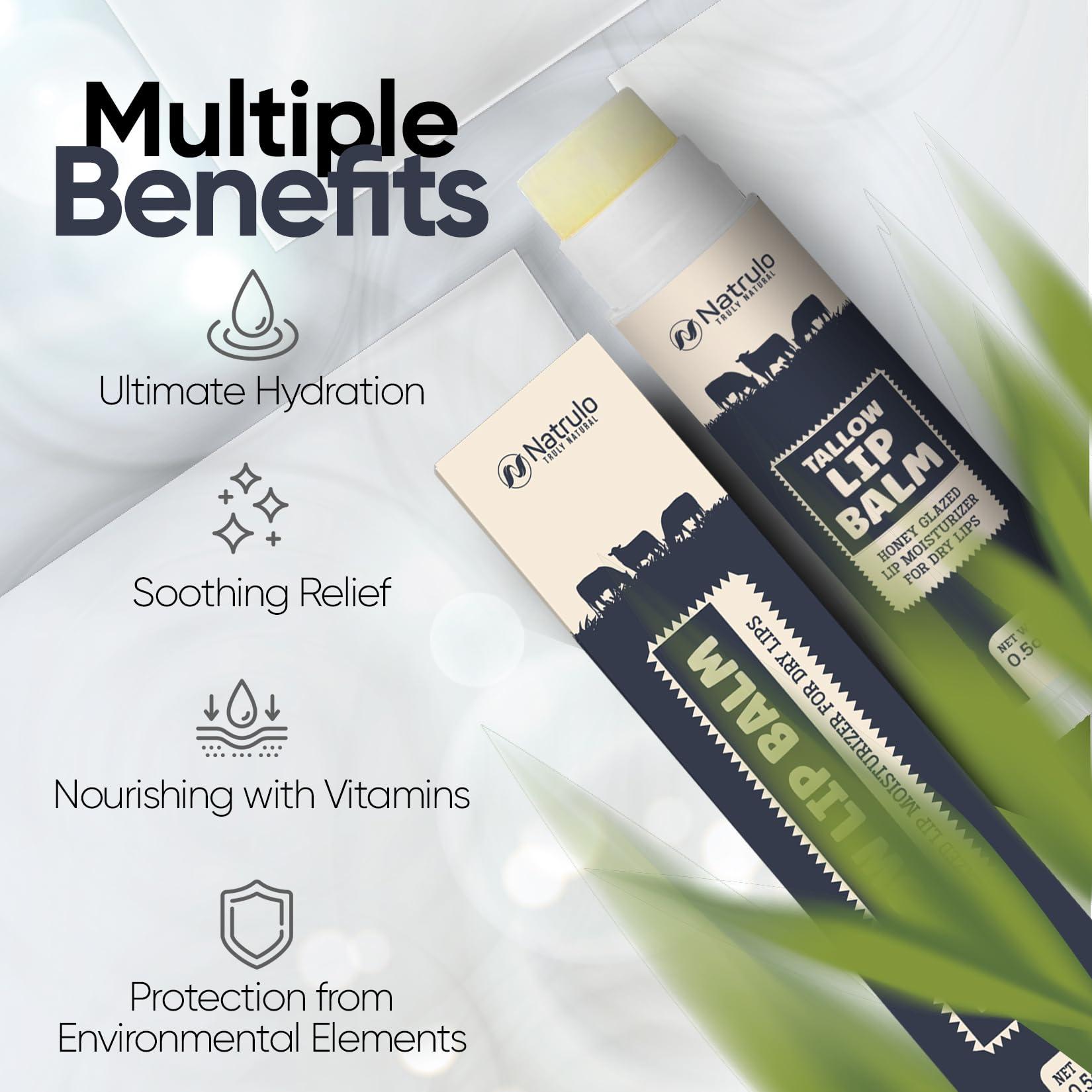 Natrulo Beef Tallow Lip Balm Natural Tallow Beeswax Chapstick Hydrating Moisturizer Grass Fed Bison Tallow Balm Lip Care Soothes Chapped, Dry Lips, Sensitive Skin Long Lasting & Vitamin Rich USA-Made