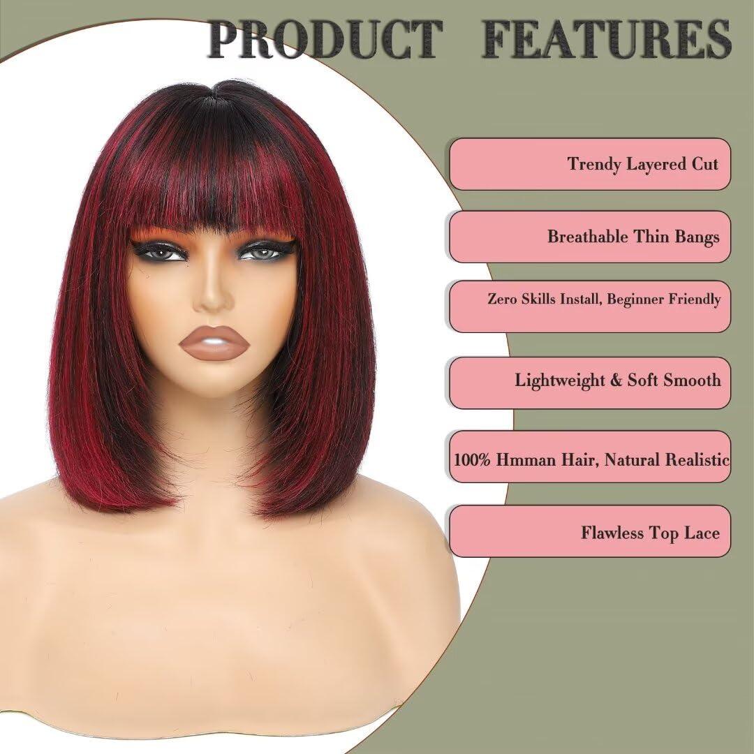 Aliesencia Aliesencia Bob Wig with Bangs Human Hair Wigs 12inch Straight Layered Bob Wigs with Bangs Human Hair 1B/99J# Highlight Glueless 2.5x1inch Lace Human Hair Wigs for Black Women(2378 1B/99J# 12inch)