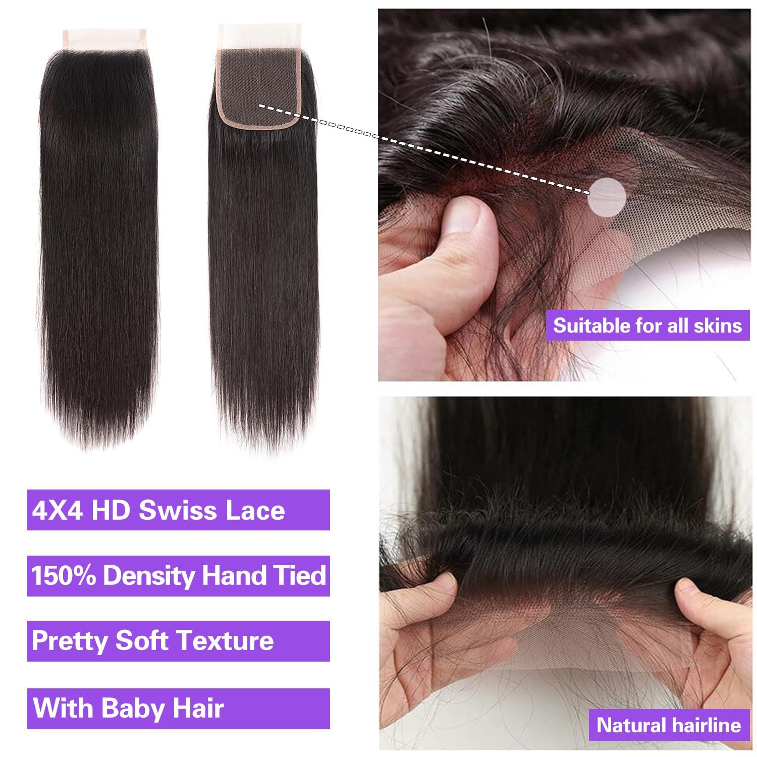 Sufeiya Hair Straight Human Hair Bundles With Closure For Black Women (24 26 28+20) Brazilian Human Hair Bundles With 4x4 Lace Closure Free Part 100% Unprocessed Weave 3 Bundles with Swiss Lace Closure