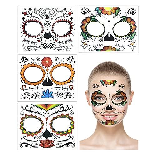 FATHER.SON 4 Pack Halloween Face Tattoo, Day of the Dead Sugar Skull Temporary Tattoos Makeup Kit for Men and Women Halloween Costume