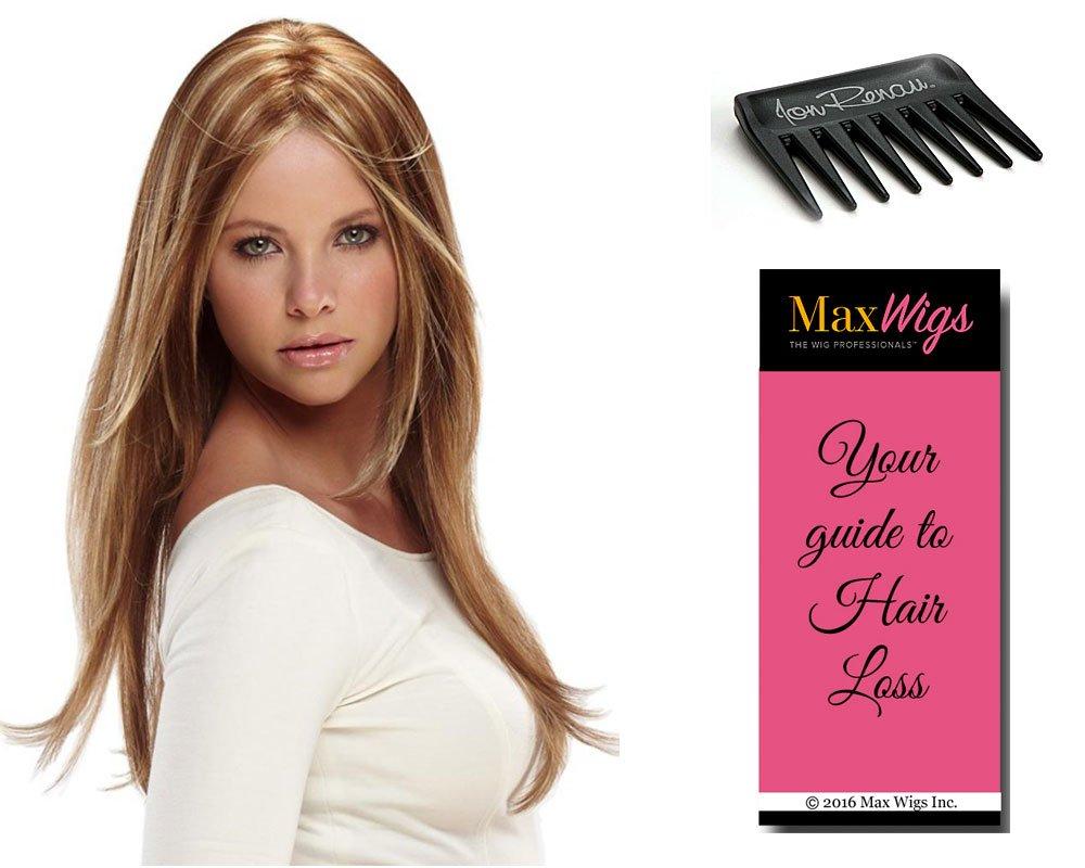Jon Renau Maxwigs Zara Large Cap Color 8RH14 Hot Cocoa - Jon Renau Wigs 17\" Long Natural Looking Smart Lace Front Monofilament Synthetic Soft Feathered Ends Women\'s Open Weft Air Bundle MaxWigs Booklet, Comb
