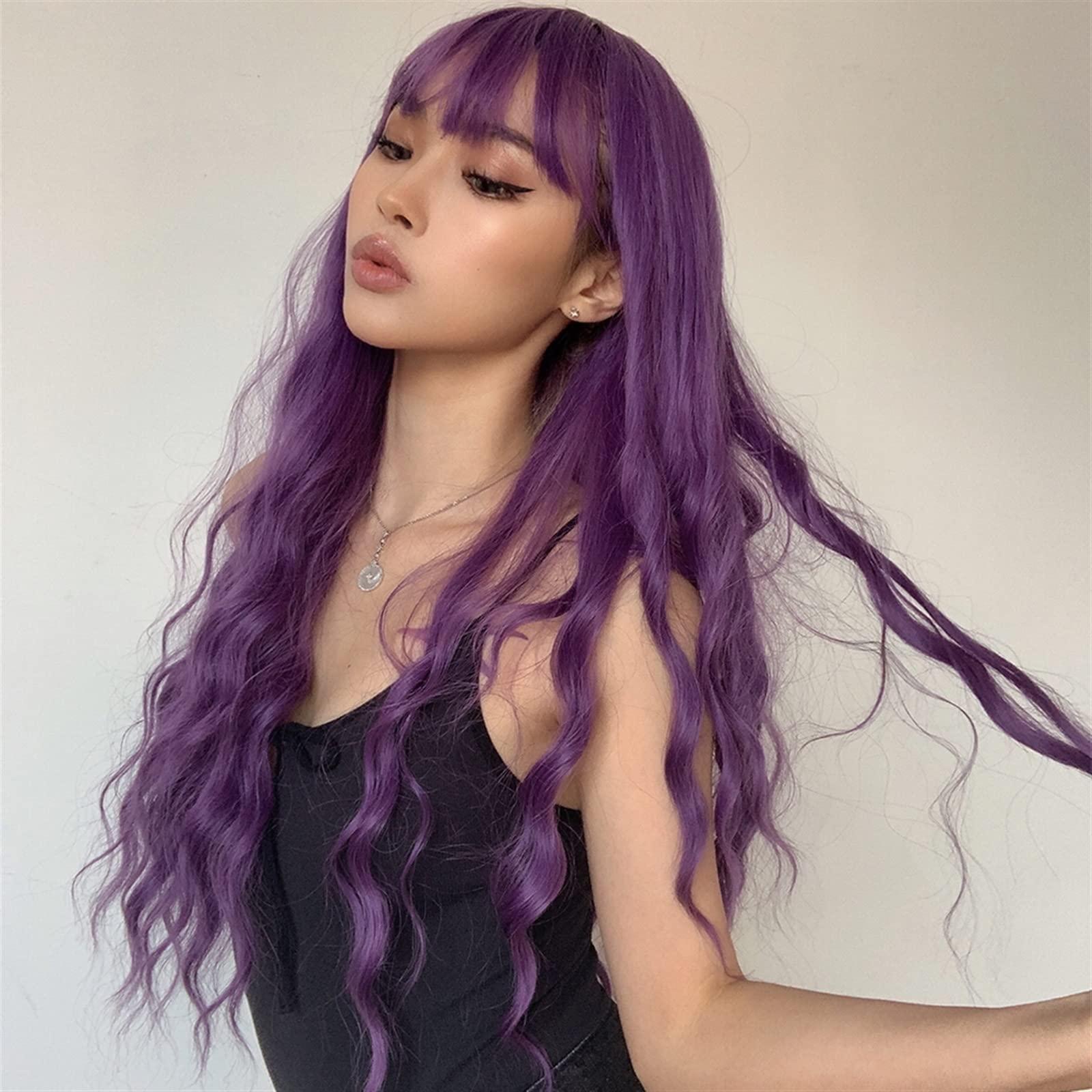 mengli-99 mengli-99 Wigs for Women Dark Purple Synthetic Wig with Bangs for Women, Super Long Body Wavey Hair Wigs Soft Breathable Heat Resistent Fiber Wigs for Daily Cosplay Party Wig for Daily Party Use