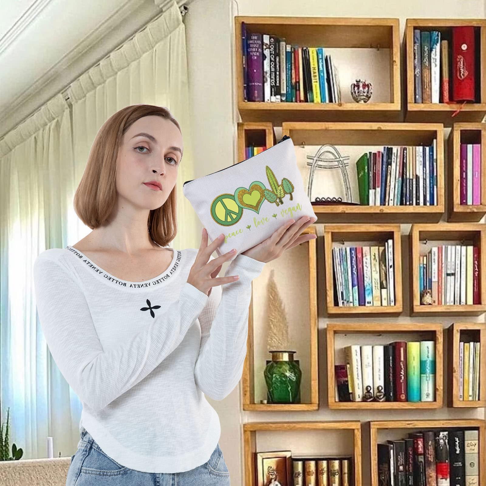 LEVLO LEVLO Funny Vegetarian Cosmetic Bag Vegan Gift Peace Love Vegan Makeup Zipper Pouch Bag Herbivore Veg Symbol Make Up Bag (Peace Love Vegan)