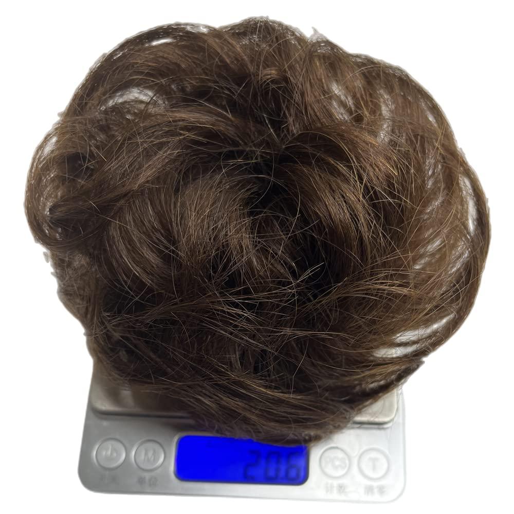 AYunhe 100% Human Hair Messy Bun Extension Tail, Messy Hair Bun Hair Scrunchies Extension with Fringe Curly Wavy Chignon for Women Wedding Tousled Updo Hairpiece (Dark Brown)