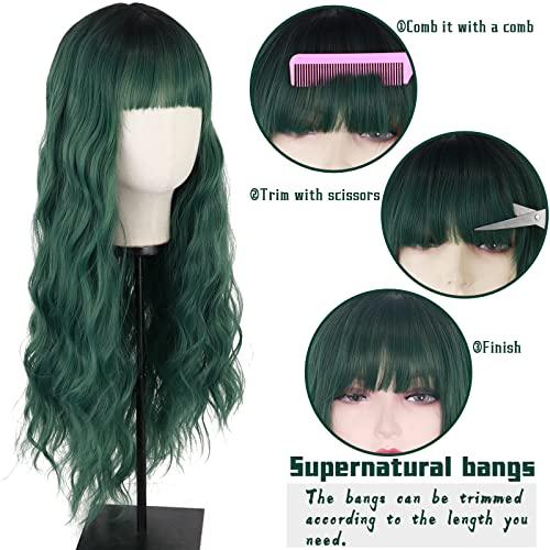 MERISIHAIR MERISIHAIR Long Dark Green Wig with Bangs,Ombre Curly Green Wig for Women,Long Dark Green Cosplay Wig Synthetic Natural Looking for Daily and Party