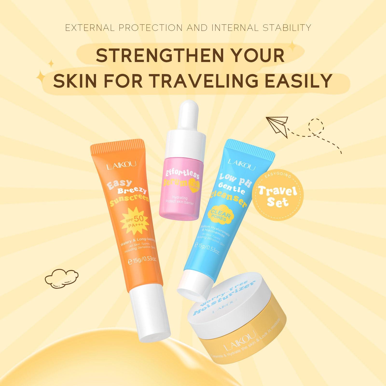 BSMKCL Hydrating Skin Care Set Travel Kit, Gifts for Women and Teenage Girls, 4 Piece Skincare Essentials Set Mini Travel Size With Facial Cleanser, Cream, Serum, Sunscreen - Travel Essentials Gift Set