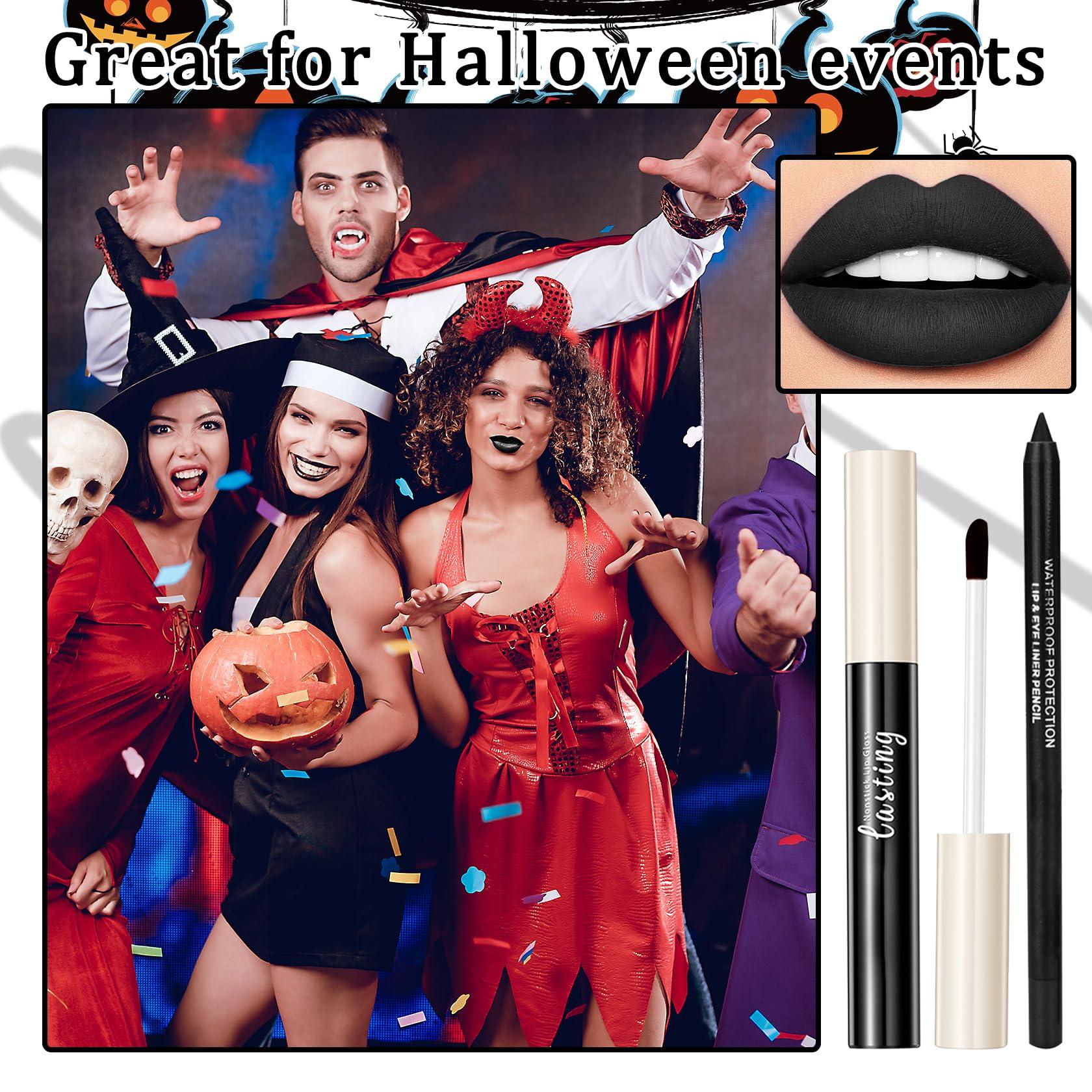 LingHaoLH 2PCS Black Matte Lip Liner and Lipstick Set,High Pigmented Black Liquid Lipstick and Lip Liner Set,Long Lasting Waterproof Black Lipgloss Liner Set for Goth Christmas Halloween Cosplay Makeup