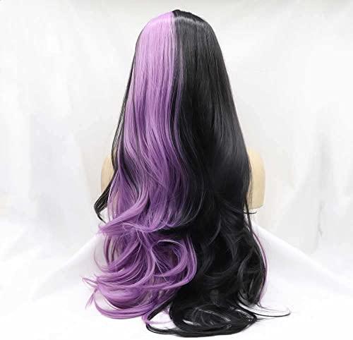 melody wig melody wig Synthetic Half Black Half Purple Lace Front Wigs For Women Hair Heat Resistant Fiber Long Half Wig Long Body Wave Hair Side Part Cosplay