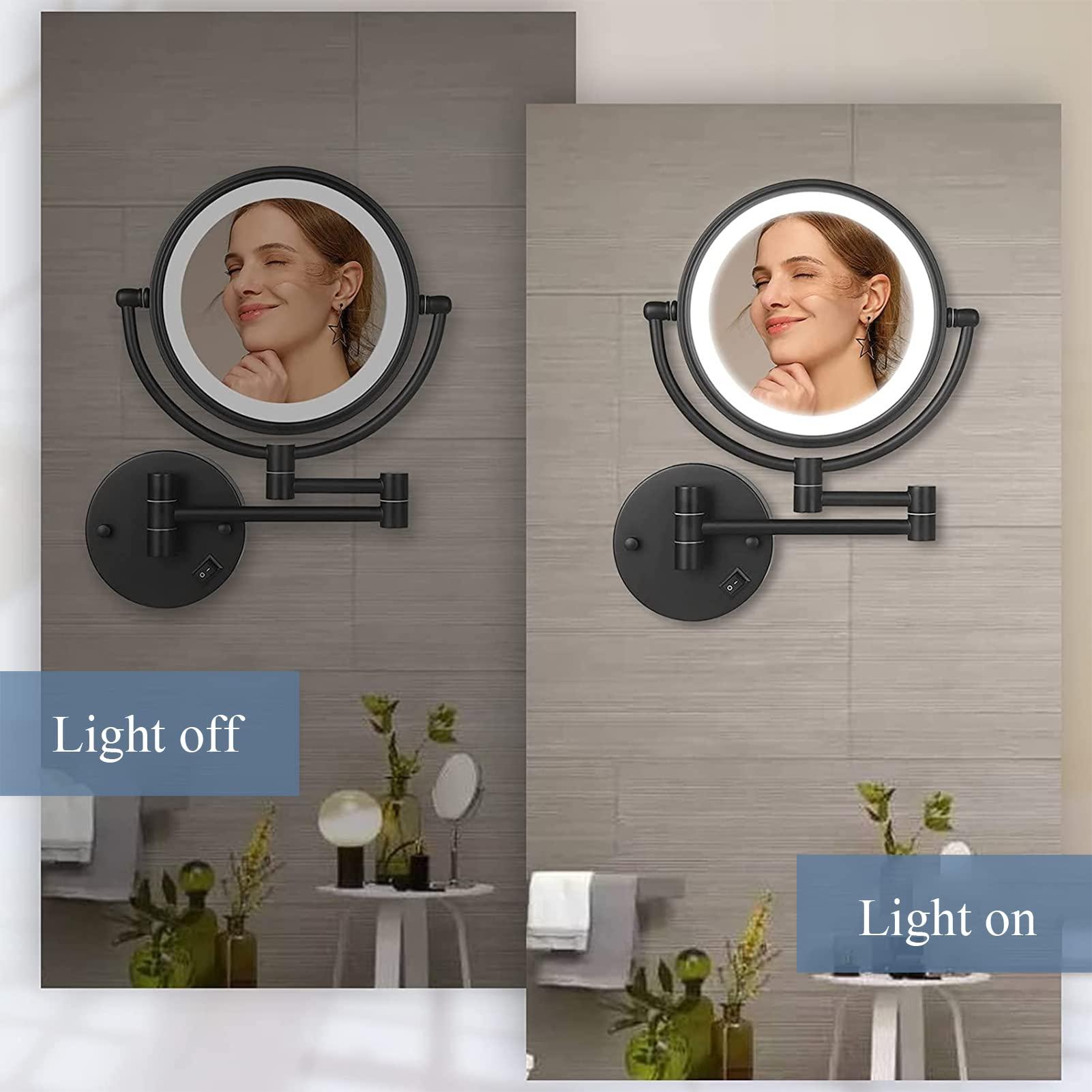 ZHANGY ZHANGY 8 Inch Wall Mounted Makeup Mirror with LED Lights, Plug 3X Magnifying Mirror, Wall 360°Rotatable Extendable Double-Sided, Bathroom and in Beauty and Personal Care, Silver White