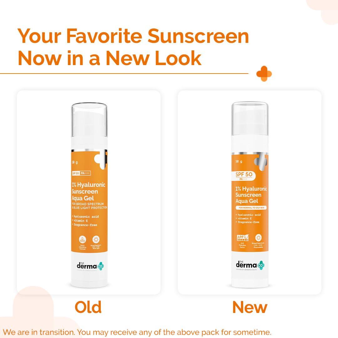 The Derma Co The Derma Co 1% Hyaluronic Sunscreen Aqua Gel with SPF 50 & PA++++ | Broad Spectrum UVA/B & Blue Light Protection | Lightweight & Quick Absorbing with Vitamin E | 1.76 Oz/50g