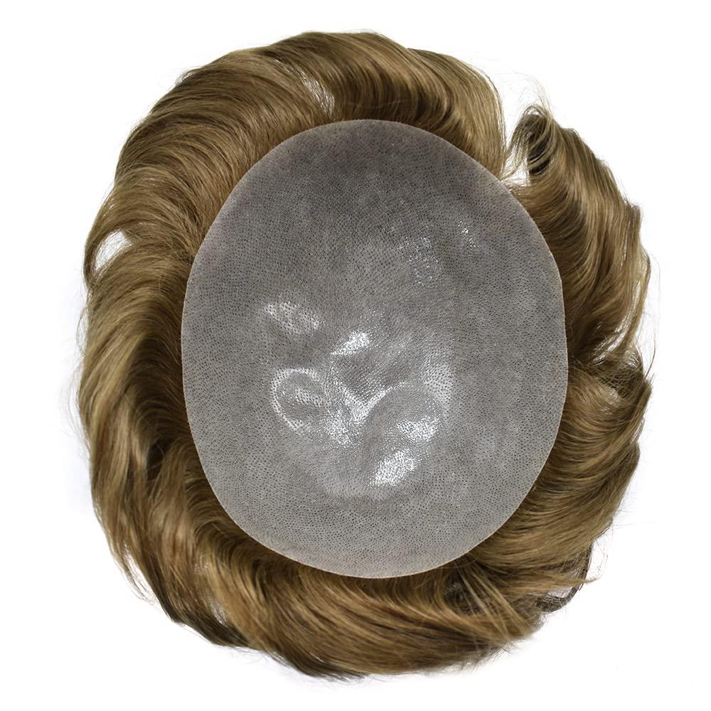 F M FACE MIRACLE NEW YORK F M FACE MIRACLE NEW YORK Mens Toupee 0.12mm Thickness Skin Hair Systems For Men Durable Mens Hair Replacement System Natural Hairline Toupee For Men PU8 X10#6 Light Brown-120% density