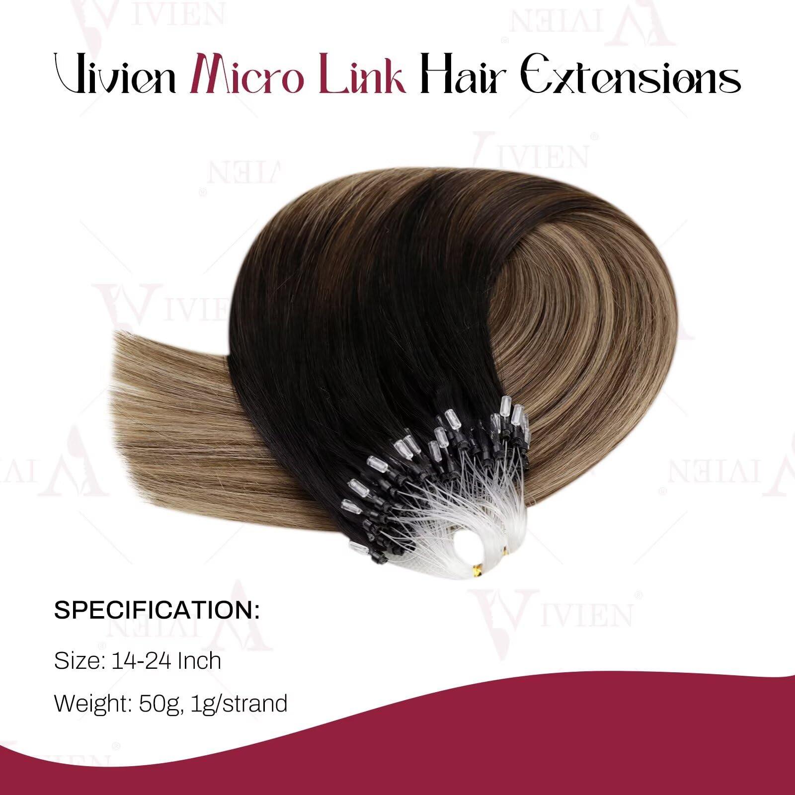 Vivien Vivien Micro Loop Hair Extensions Human Hair Ombre Micro Ring Hair Extensions Real Human Hair Natural Black to Brwon with Ash Blonde Micro Bead Human Hair Extensions 14 Inch 50G/50S