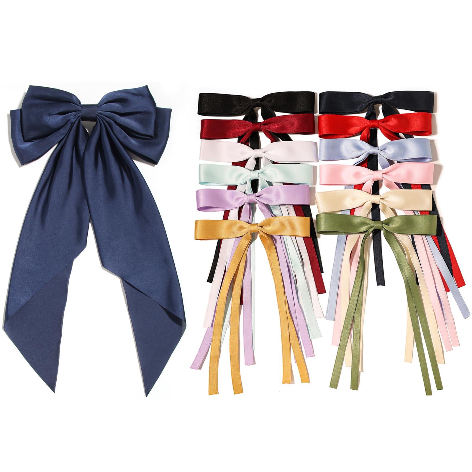 LFOUVRE Navy Blue Bow with 12pcs Ribbon Hair Bows for Women